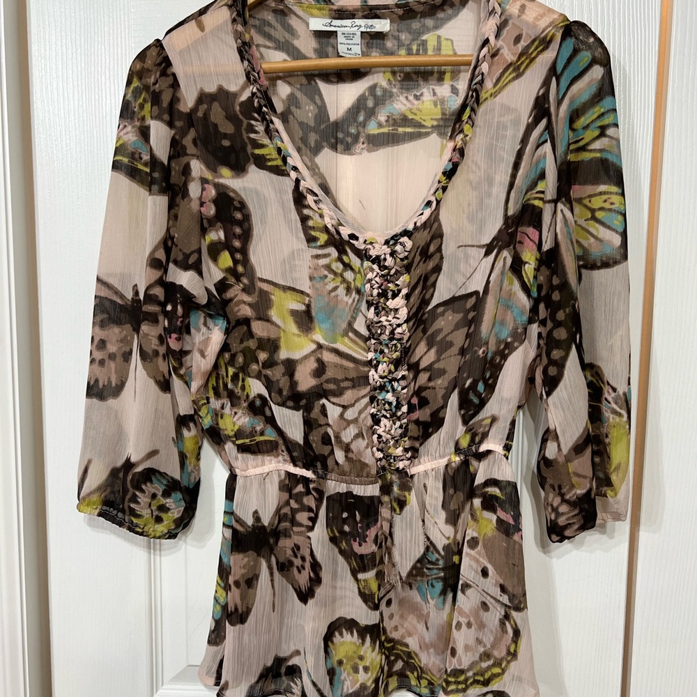American Rag Floral Butterfly Print Sheer Peasant Top M whimsical boho